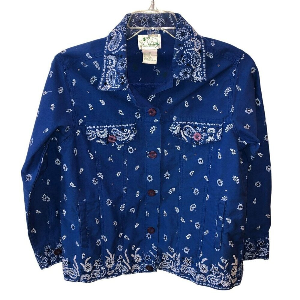 The Quacker Factory Womens Medium Blue Paisley Long Sleeve Trucker Jacket Size M